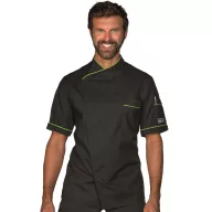   Dubai fekete rövid ujjú szakácskabát zöld paszpóllal díszítve