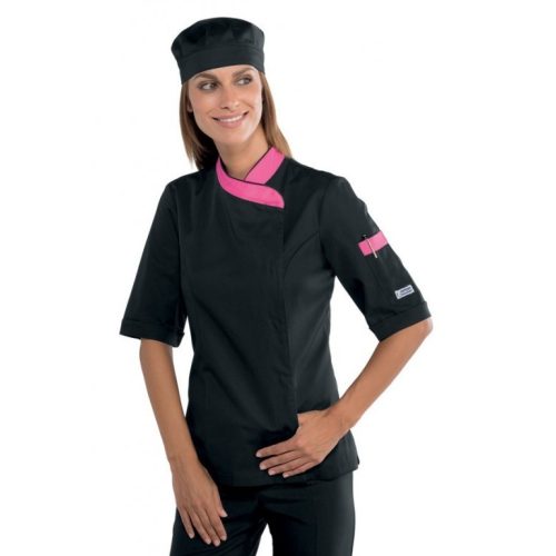 Női szakácskabát - fekete-pink, rövid ujjú