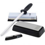   Késélező készlet | CHEF DIAMOND | #1000/3000 kétoldalú fenőkő + #360/600 kétoldalú gyémánt élező + Élszögtartó | Élezőrúd - kerámia (25 cm)