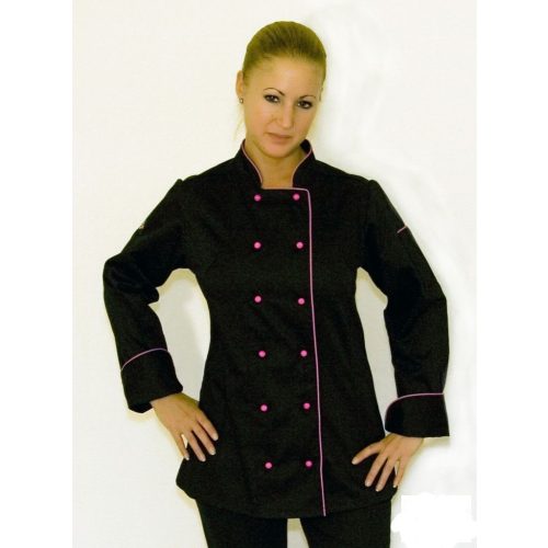Women's chef jacket - black, long-sleeved, with pink piping