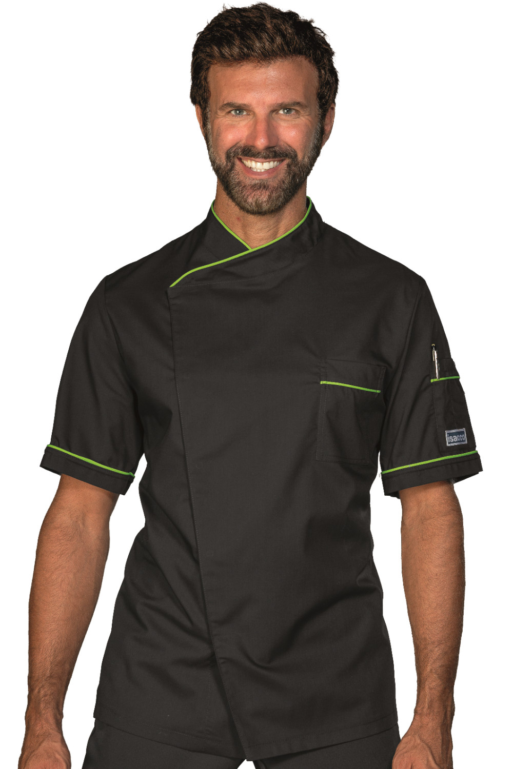 Dubai fekete rövid ujjú szakácskabát zöld paszpóllal díszítve